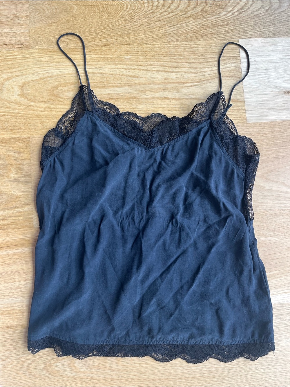 100% Silk Lace Trim Spaghetti Strap Cami Tank Top - Black